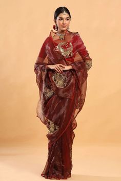 Maroon Saree, Simple Saree Designs, Traditional Blouse Designs, Indian Bride Outfits, Indian Saree Blouse, Tissue Saree, Indian Saree Blouses Designs, Saree Designs Party Wear