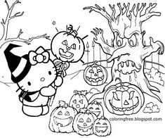 a hello kitty halloween coloring page with pumpkins