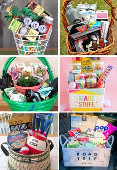 four different baskets with various items in them