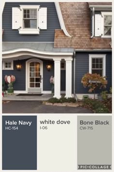 a blue house with white trim and shutters on the front door is featured in this color scheme