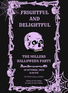 a flyer for a halloween party with a skull and spider webs on the front