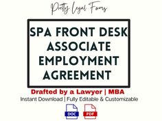 the spa front desk associate employment agreement is in red and white with black letters on it