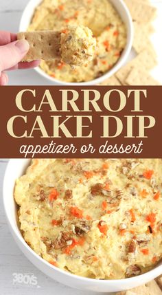 carrot cake dip appetizer or dessert in a white bowl with crackers on the side