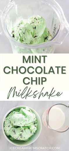 The top half is a picture of a blender with mint chocolate chip ice cream in it. The bottom half is a picture of a white bowl holding mint chocolate chip ice cream and a liquid measuring cup holding milk. Mint Chip Milkshake, Chocolate Mint Milkshake, Mint Shake Recipe, Mint Choc Chip Milkshake, Mint Chocolate Chip Milkshake Recipe, Perfect Milkshake Recipe, Mint Milkshake Recipe, Mint Chocolate Chip Shake, Ice Cream Milkshake Recipe