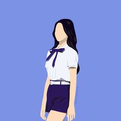 an animated woman wearing a white shirt and purple skirt, standing in front of a blue background