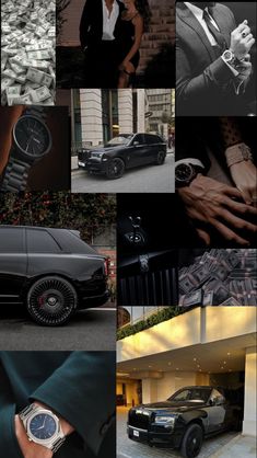 a collage of photos with black cars and men's watches