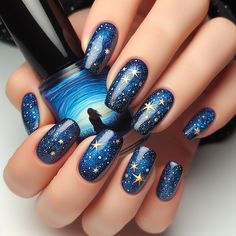 Matariki Nail Art, Midnight Blue Nails Acrylic Designs, Night Sky Acrylic Nails, Stars Nail Art Designs, Graduation Nails Ideas Blue, Nail Art Night Sky, Simple Space Nails, Navy Blue Nails Gel, Bonfire Night Nails