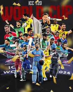 the world cup poster with players and confetti around it, including one man holding a trophy