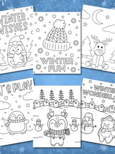 four winter coloring pages with animals and snowflakes on them, including one for children to color