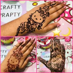 Henna Designs Cartoon, Hello Kitty Mehndi Design, Henna Design Drawing, Hello Kitty Henna Tattoo, Henna Looking Tattoos, Hannah Tattoo Design Hands, Henna Designs Hello Kitty, Hello Kitty Henna Design, Henna Designs Y2k