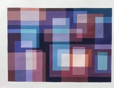 an abstract painting with squares and rectangles in blue, pink, purple, and white