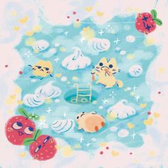 an image of cats and cherries floating in the air with clouds, stars, and hearts