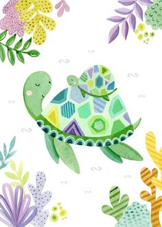 a watercolor painting of a turtle swimming in the ocean with seaweed and succulents