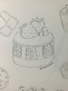 this is a drawing of different cakes and desserts on paper with pencil shading