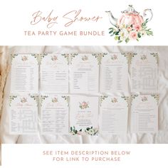 the baby shower tea party game bundle is shown with flowers and greenery on it