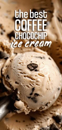 an ice cream scoop with chocolate chips and the words, the best coffee chocochip ice cream