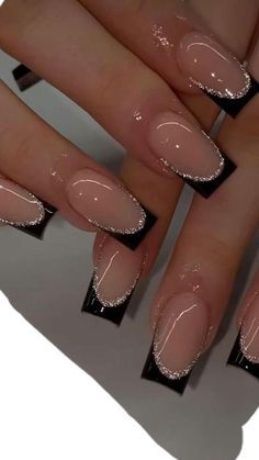 Fancy Black French Tip Nails, Black French Tips With Glitter Outline, Nail Ideas With Black Dress, Ballerina Nails Black French, Black Dress Nails Ideas, Birthday Nail Inspo Almond, Nails For Prom Black Dress, Black French Tip With Glitter, Prom Nails With Black Dress