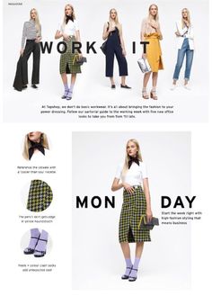 an advertisement for women's clothing and accessories with the words work it on it