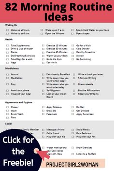 a printable list with the text, 22 morning routine ideas click for the freebie