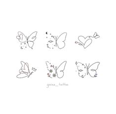 six different butterflies with hearts and stars on their wings, all drawn in one line