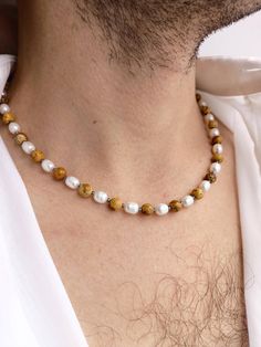 Mens pearl necklace,Jasper beaded y2k necklace,Choker real pearl,Gemstone surfer necklace,Boyfriend gift ideas,Crystal sand jasper necklace by JewelryByElis on Etsy Surfer Necklace, Jasper Necklace, Coney Island, Real Pearls