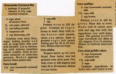 an old newspaper clipping with instructions on how to make homemade cornmeal mix