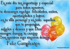 a birthday card with three balloons floating in the air, and spanish words below it