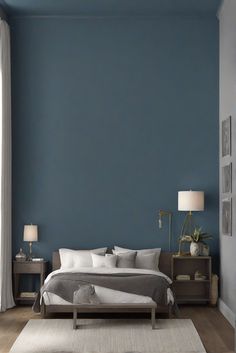 blue gray paint, charcoal blue paint, trendy bedroom paint, bedroom color scheme Charcoal Blue Bedroom Ideas, Blue Contemporary Bedroom, Bedroom Paint Colors For Men, Romantic Blue Bedroom, Light Modern Bedroom, Bedroom Charcoal, Trendy Paint Colors, Male Bedroom, Male Bedroom Ideas