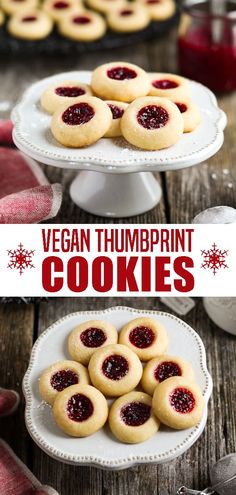 vegan thumbprint cookies with raspberry filling on a white plate and red napkins