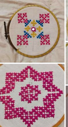 four pictures show different designs on the same piece of cloth and thread, including an embroidery hoop