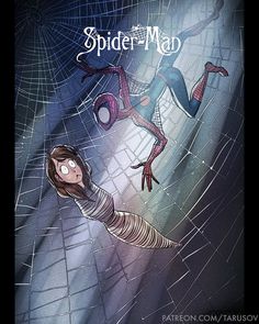 the spider - man movie poster is shown with a woman hanging from a web in front of her