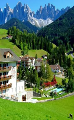 an aerial view of a mountain resort with mountains in the background and green grass on the foreground