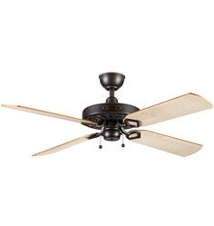 a ceiling fan with two wooden blades on the blades and one light fixture in an antique bronze finish