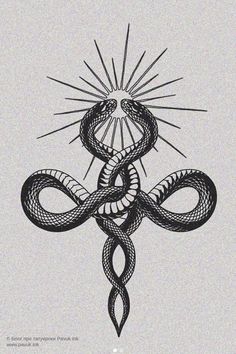 a cross with snakes on it and the sun shining over it, in black ink