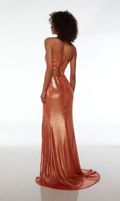 From Alyce Paris, this stylish long metallic prom dress 61499 is a captivating style for your big dance. In eye-catching metallic fabric from the plunging v-neckline to the hem, this long designer dress is ready to shine at prom, galas, and other formal events. Thin shoulder straps attach to the corset-style detail that laces up over the open back of this long metallic formal dress, while the long skirt has a side slit that offers a sexy look. As flirty as it is shimmery, this long metallic prom Metallic Prom Dresses, Plastic Dress, Alyce Paris, Designer Evening Dresses, Sleeveless Gown, Prom Girl, Dress Cover, Corset Style, Evening Dresses Prom