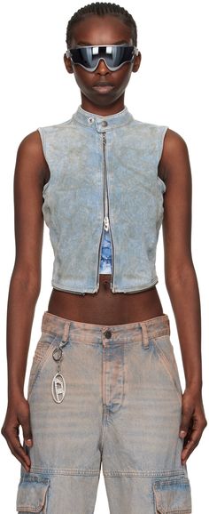 Stretch denim vest. Zip fastening at hem for compatible D-Gen 0pgam jeans. · Fading and smudging throughout · Band collar · Two-way zip closure Supplier color: Light blue Diesel Runway, Diesel 2022, Diesel Outfit, Diesel Brand, Womens Denim Vest, Diesel Clothing, Color Light Blue, Diesel Jeans, Outerwear Vest