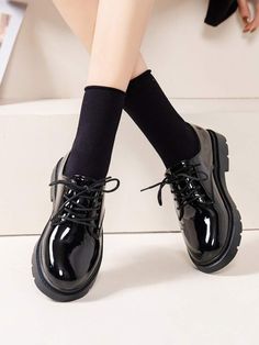 Free Returns ✓ Free Shipping✓. Minimalist Lace-up Front Oxford Shoes- Women Flats at SHEIN. Cute Black School Shoes, Oxford School Shoes, Black School Shoe, School Shoes For Women, Shoes School Aesthetic, Secondary School Shoes, Aesthetic Black Shoes For School, Cute Black Shoes For School, Cute School Shoes Black