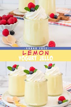 lemon yogurt jello with fresh berries and whipped cream in small jars on a plate