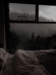 a bed sitting under a window next to a forest