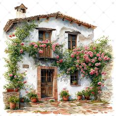 a watercolor painting of a house with pink flowers on the windows and balconies