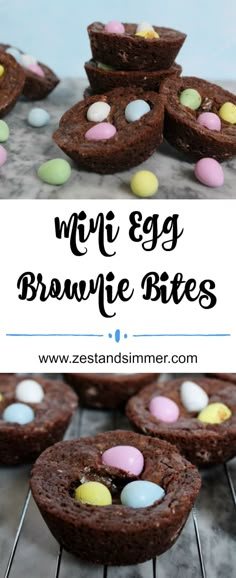 mini egg brownie bites on a cooling rack with easter eggs in the middle and text overlay that reads mini egg brownie bites