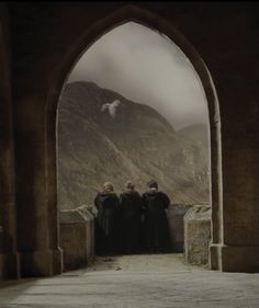 three people standing in front of an arch looking out at mountains and birds flying overhead