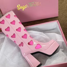 Literally Never Worn - Haven’t Even Been Tried On. Received As A Gift And I’m A Size 9. Pink Go Go Boots, Pink Gogo Boots, Pink Boots Aesthetic, Heart Heels, Heart Boots, Funky Boots, Pink Things To Buy, Statement Shoes, Go Go Boots