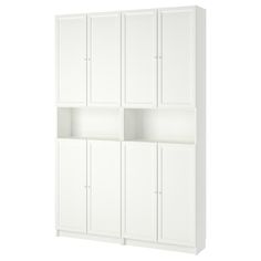 a white bookcase with four doors and three shelves on each side, all in different sizes