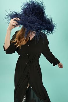 Feather hats just got upgraded. Add a bold touch of colour and playfulness to you look with our silk-lined ostrich feather oversized hat.  Ostrich Feather Ostrich Feather Hat, Elegant Black Feather Trim Costume Hat, Black Ostrich Feather Headpiece, Reputation Outfits, Black Brimmed Hat With Feathers, Feather Hats, Black Long-sleeved Outerwear With Tassels, Season Outfits, Yellow Animals