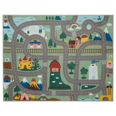 a children's rug with roads and houses on it