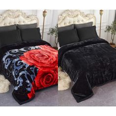 two beds covered in black and red comforters with roses on the covers, next to each other