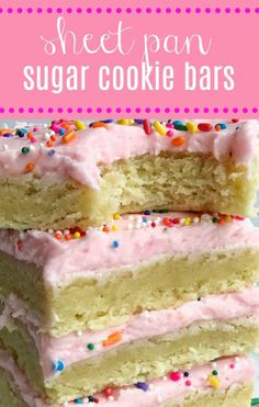 a stack of pink frosted sugar cookie bars with sprinkles on top