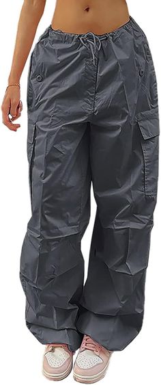 LQI Parachute Pants for Women Y2K Baggy Cargo Drawstring X-Large, Grey Product Details Department : womens Outfit Ideas Cargo Pants, Cargo Pants Women Baggy, Beige Hose, Y2k Trousers, Cargo Work Pants, Hip Hop Pants, Grey Cargo Pants, Y2k Pants, Baggy Cargo Pants