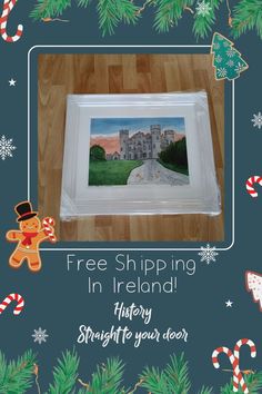 a christmas card with an image of a gingerbread man in front of a castle